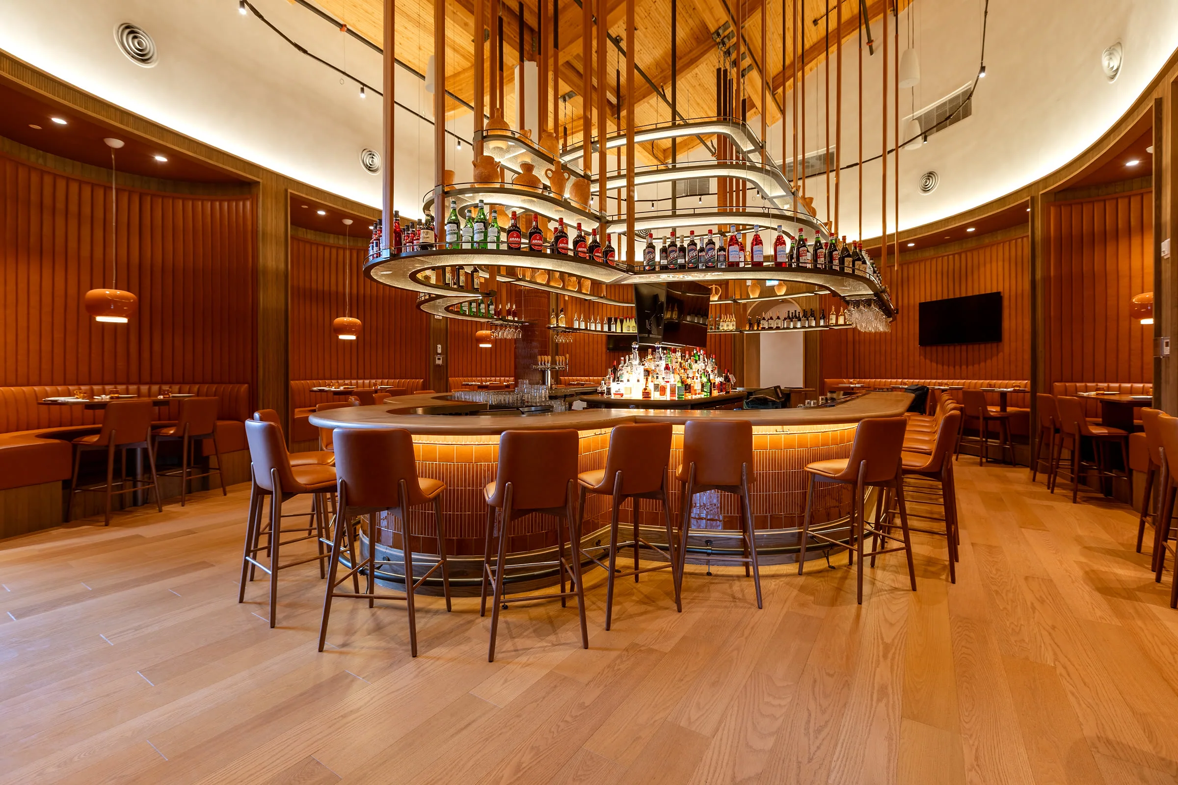 Hospitality interior with custom millwork and service counter details